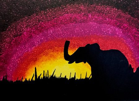 A painting of an elephant silhouetted against a sunset.