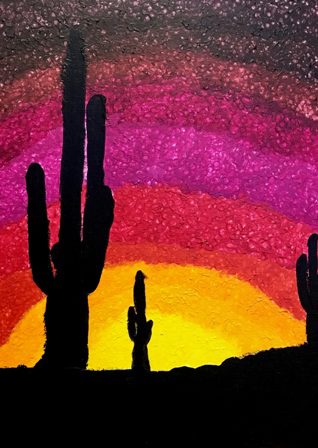 A painting of saguaro cactus and sunset.