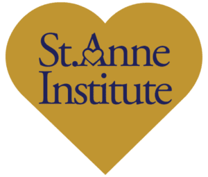 Logo of St. Anne Institute featuring a Donation for St. Anne Institute heart shape with text and a cross inside the heart.