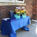 A blue tablecloth on a table.