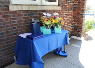 A blue tablecloth on a table.