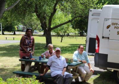 A group of people sitting on a picnic bench.