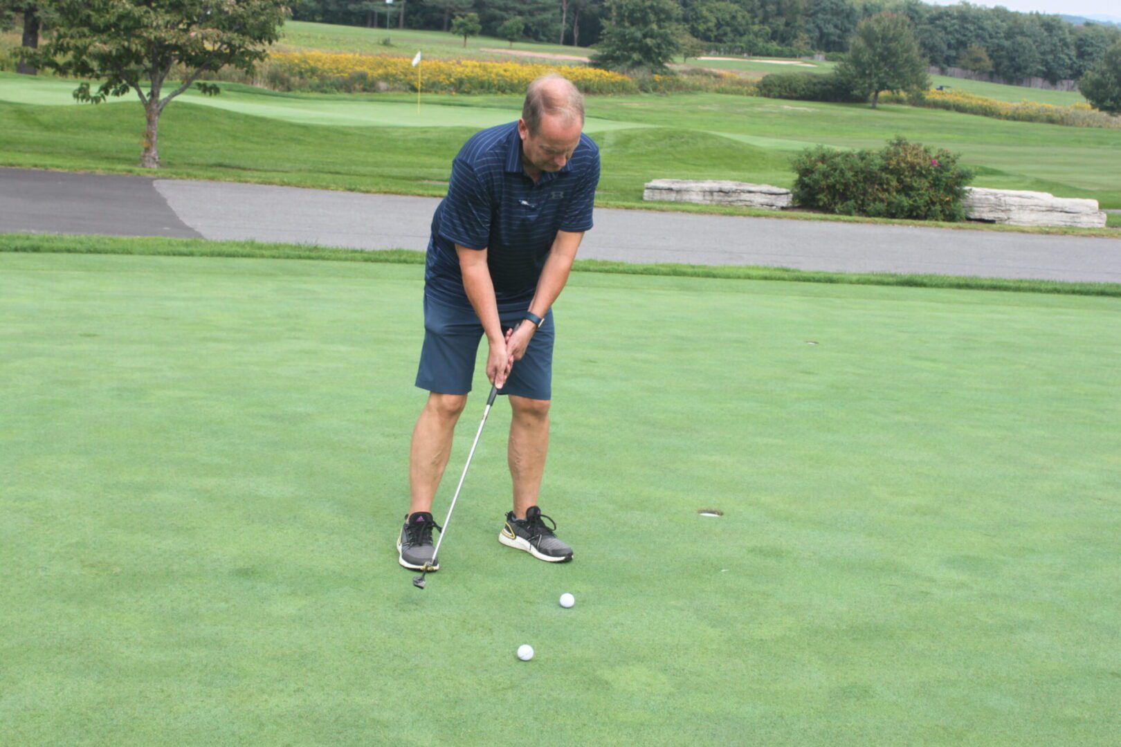 A man is putting a ball on a golf course.