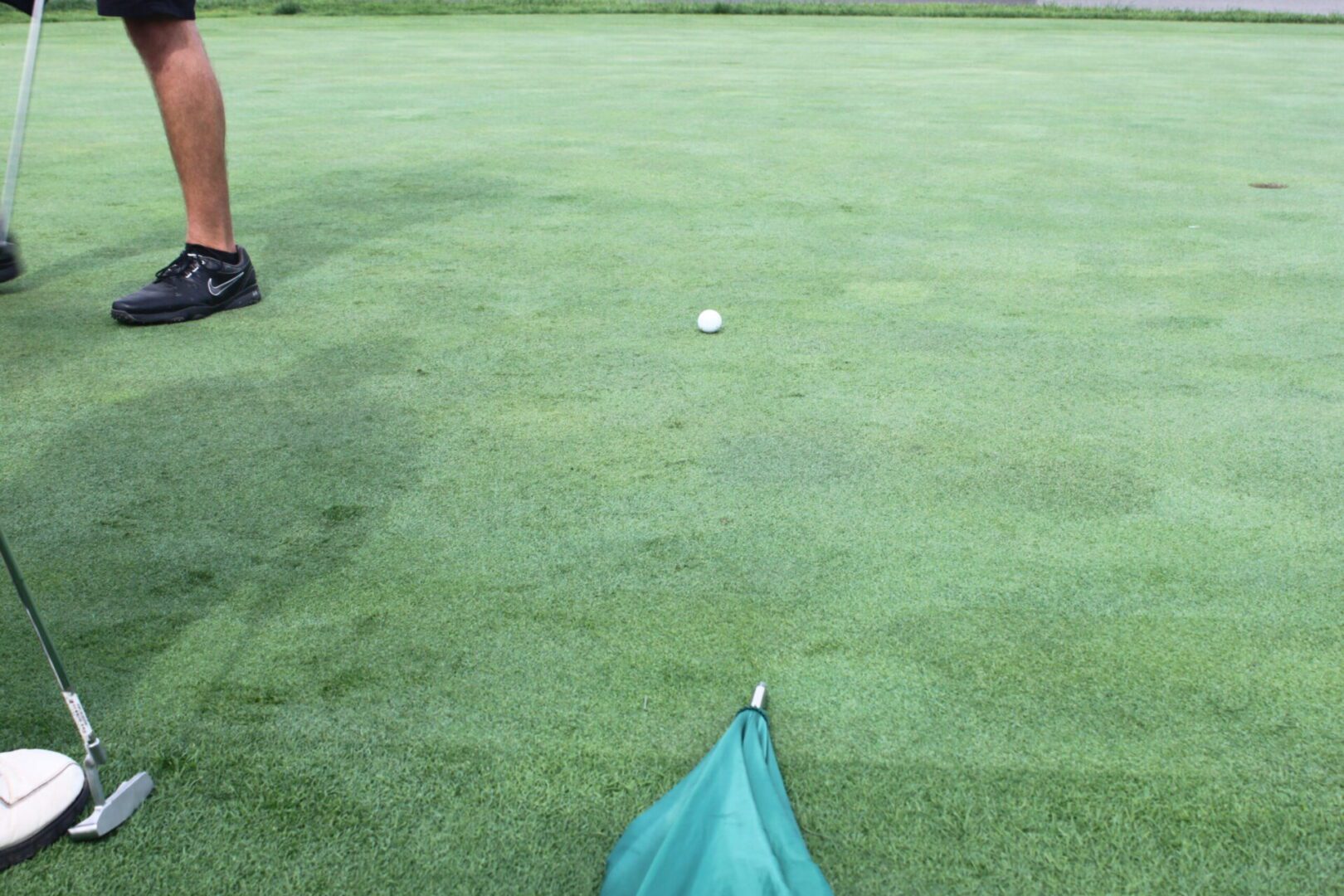 A man is putting a golf ball on a green.
