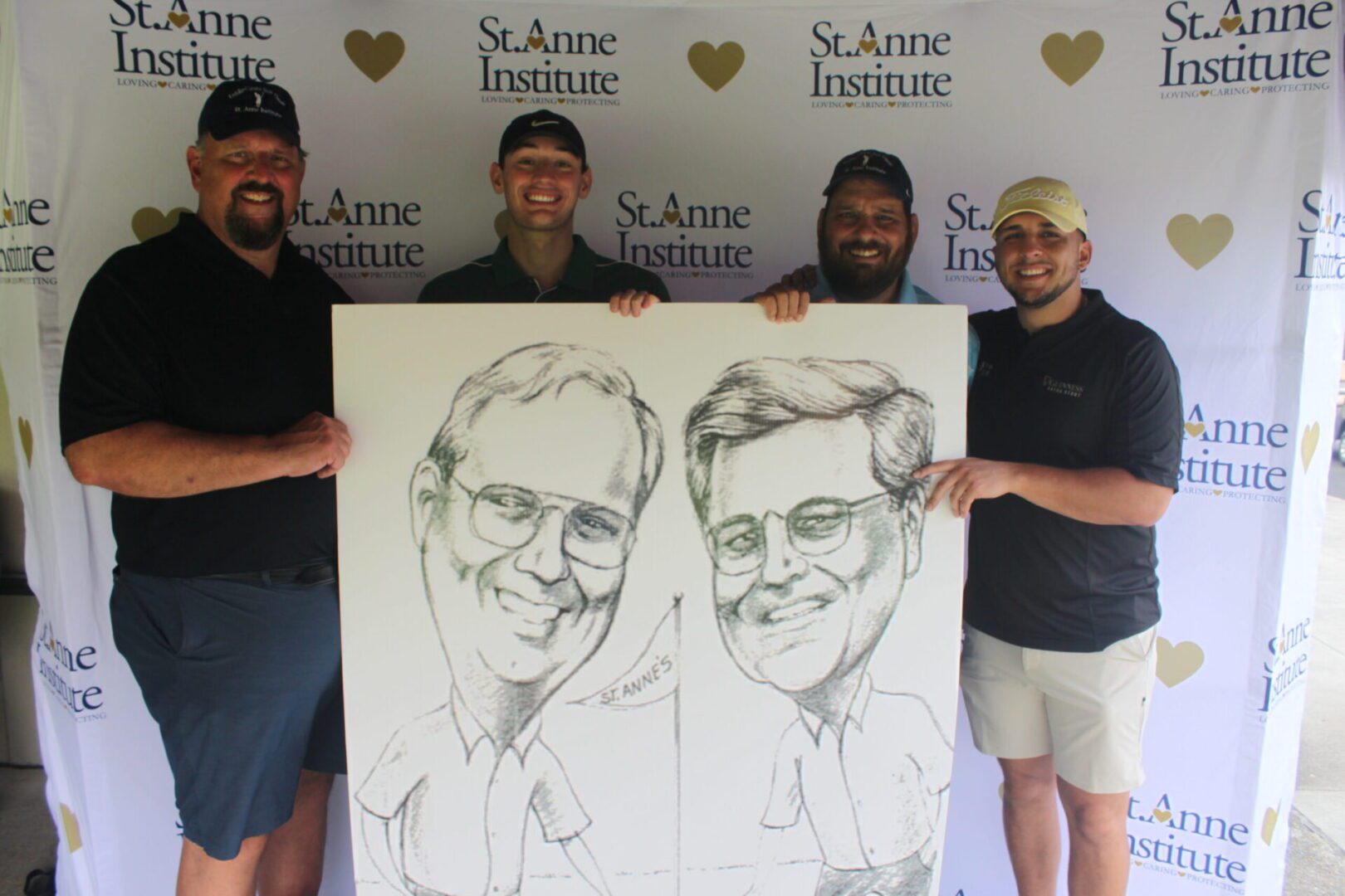 A group of men holding up a caricature.