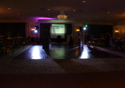 A room with a large dance floor and a projection screen.