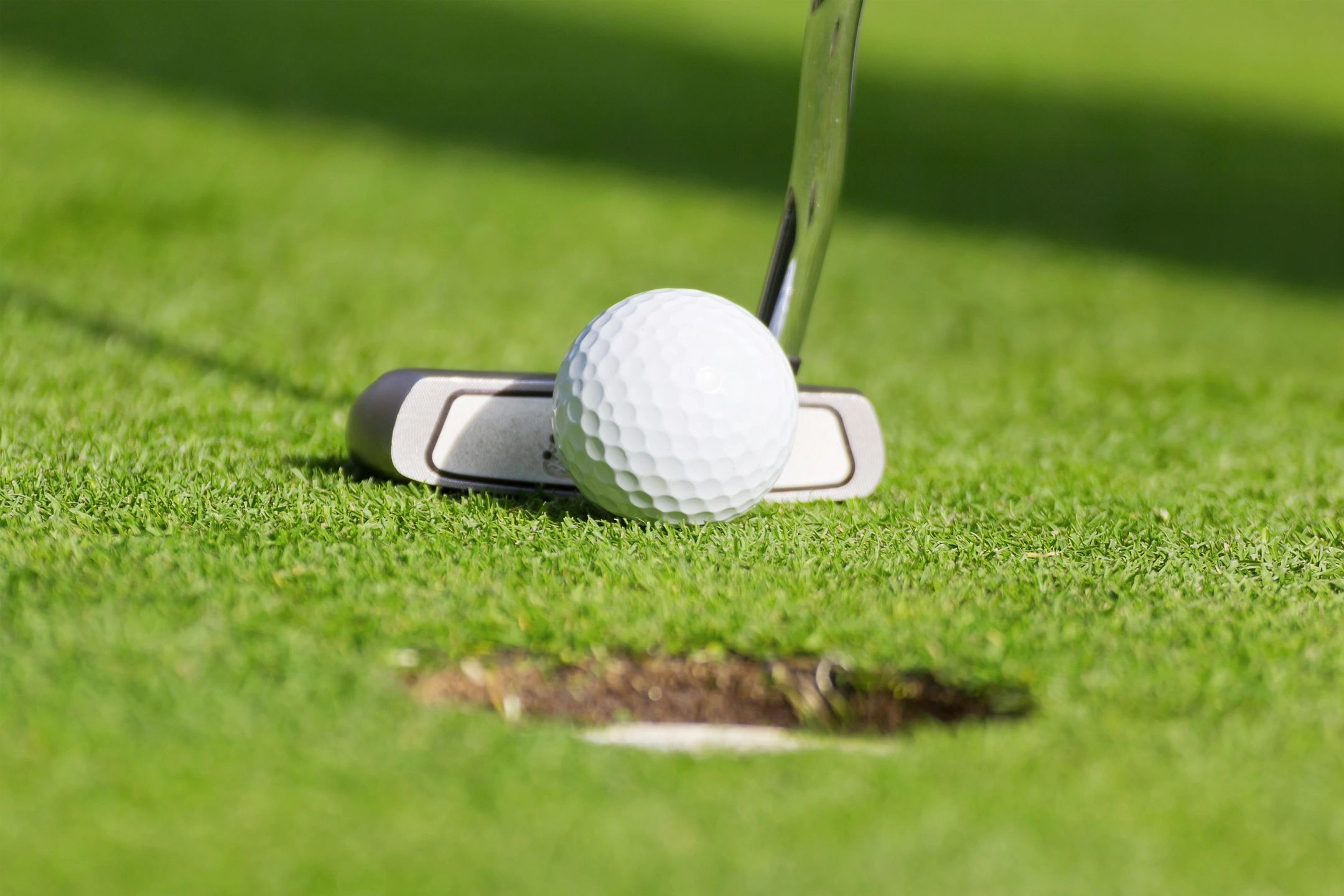 A golf ball is in the hole of a golf course.