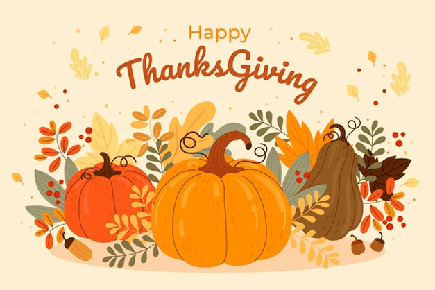 A happy thanksgiving background with pumpkins, leaves and acorns.