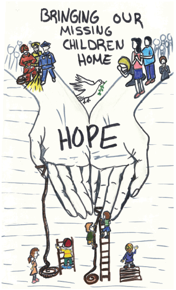 A drawing of two large hands cradling the word "hope" with children climbing a ladder to it, and the phrase "bringing our missing children home" at the top.