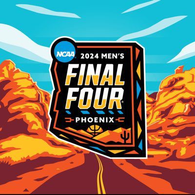 Promotional graphic for the 2024 ncaa men's final four basketball tournament in phoenix, featuring desert imagery.