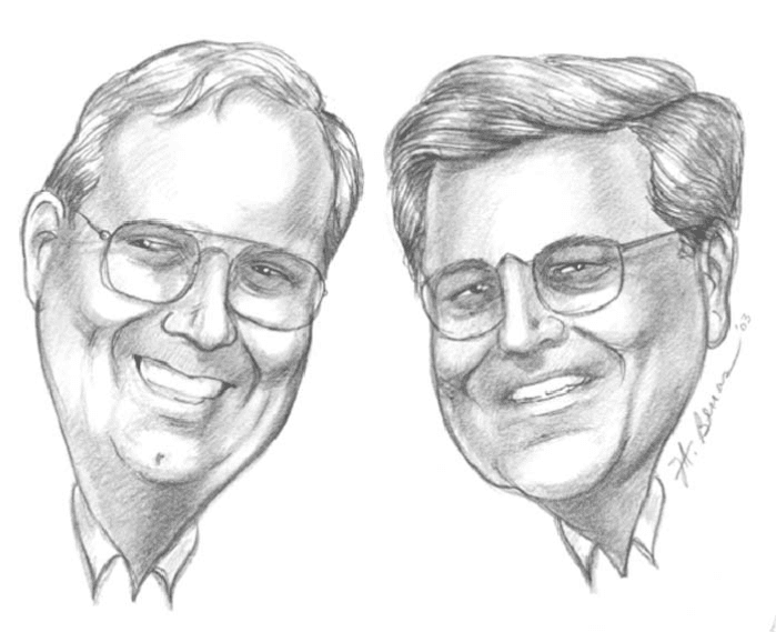 Pencil sketches of two smiling men with glasses.