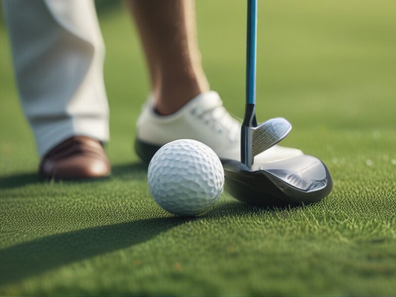 Golfer ready to tee off on green.